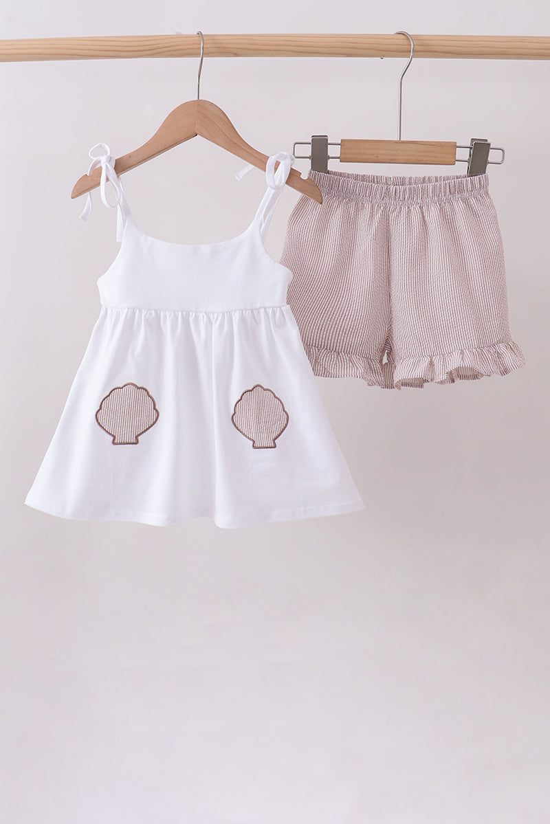 Ivory Shell Embroidery Ruffle Shorts Set Honeydew