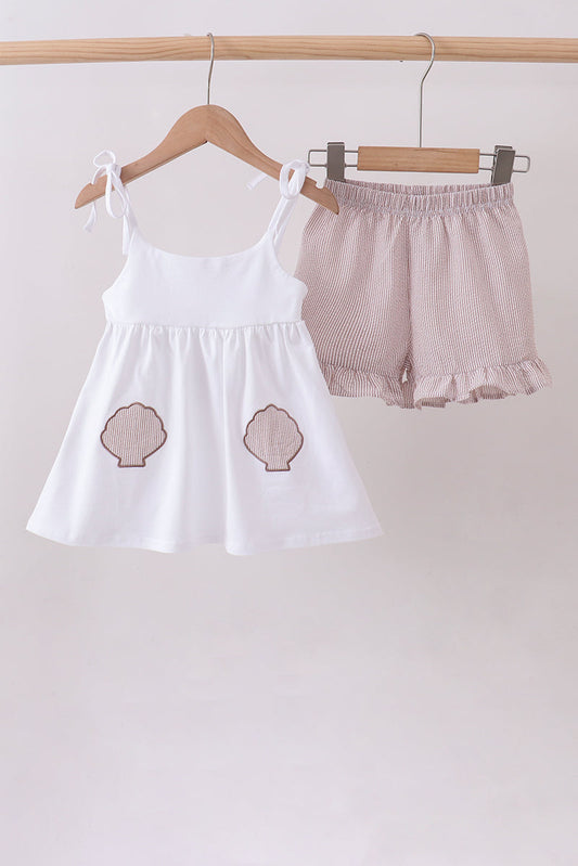 Ivory Shell Embroidery Ruffle Shorts Set Honeydew