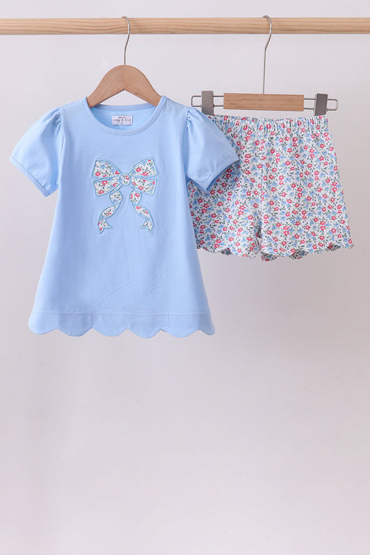 Blue Bow Applique Floral Shorts Set Honeydew