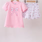 Pink Bow Applique Floral Shorts Set Honeydew