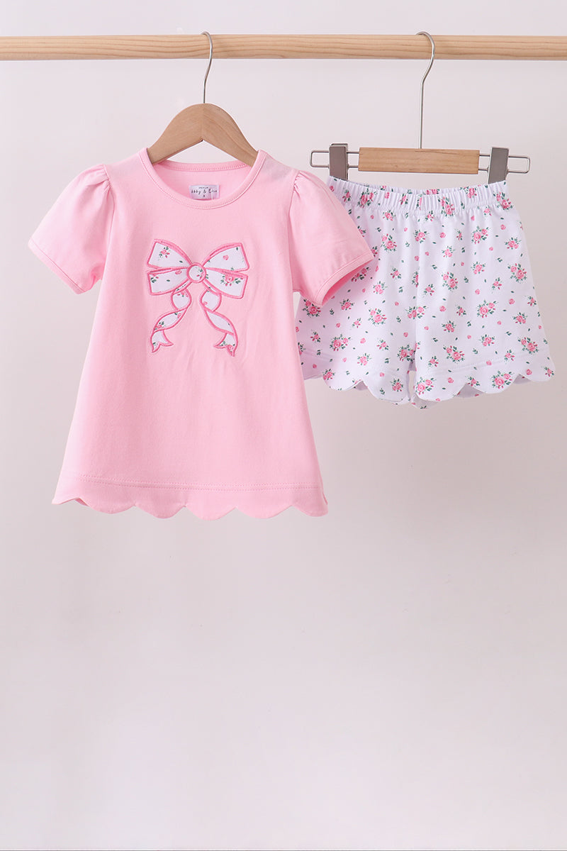 Pink Bow Applique Floral Shorts Set Honeydew