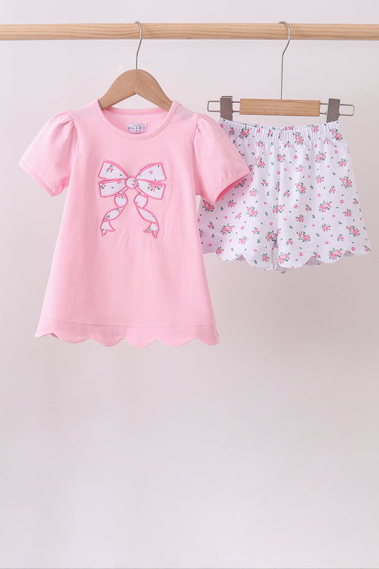 Pink Bow Applique Floral Shorts Set Honeydew