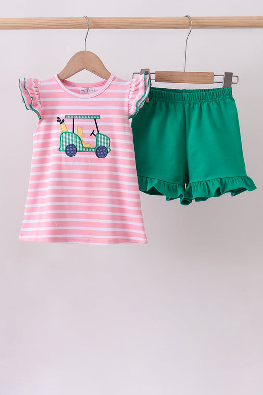 Pink Golf cart Applique Stripe Ruffle Shorts Set Honeydew