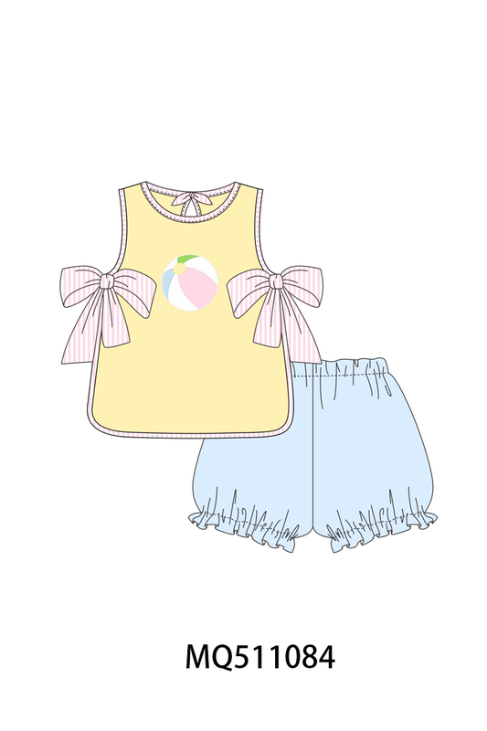 Mustard Ball Applique Bow Shorts Set Honeydew