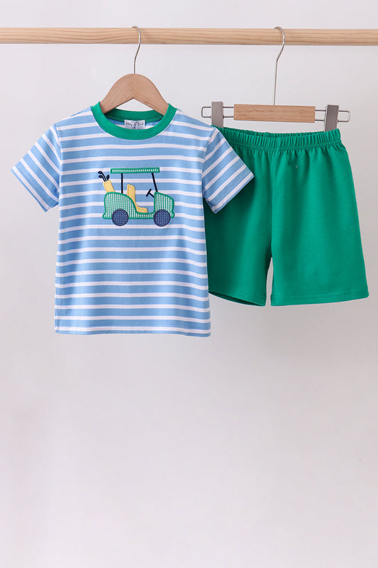 Blue Stripe Golf Cart Applique Shorts Set Honeydew