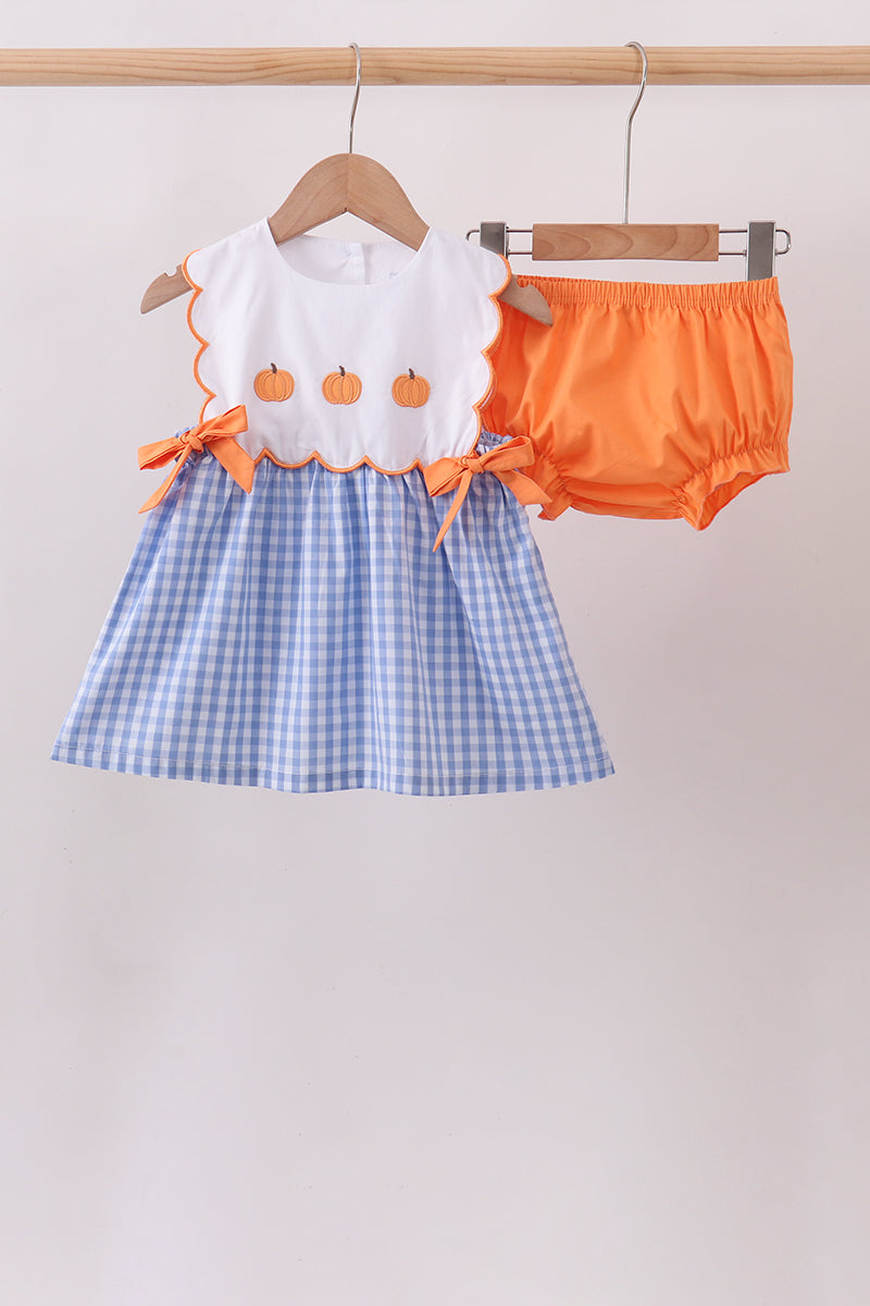 Blue Gingham Embroidery Bow Girl Bloomer Set Honeydew