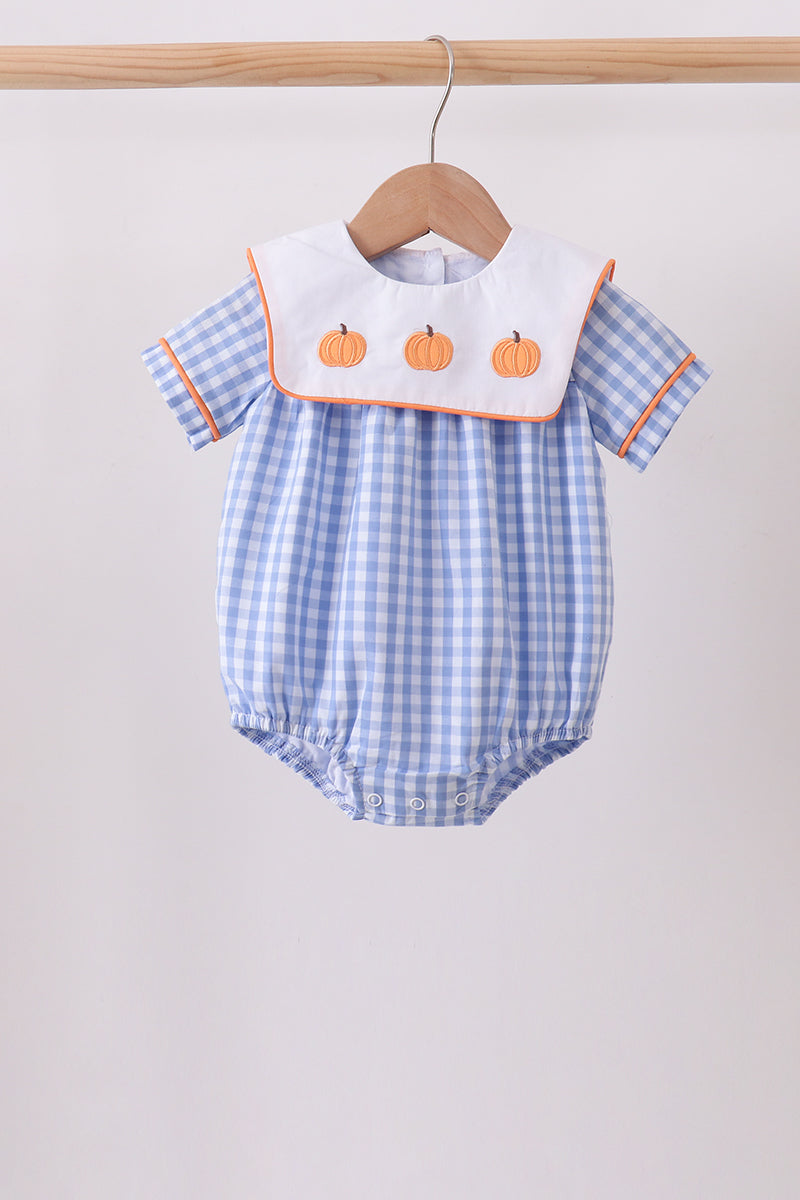 Blue Gingham Embroidery Boy Bubble Honeydew