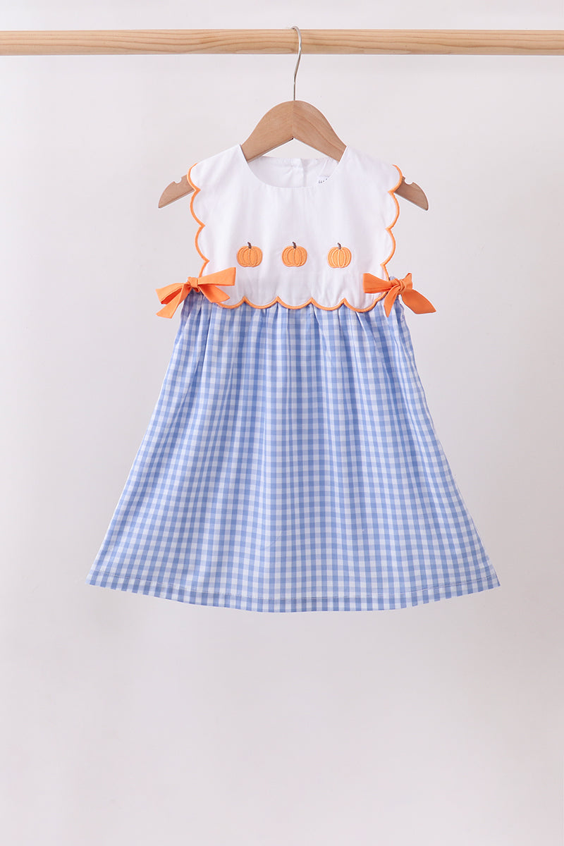 Blue Gingham Embroidery Bow Girl Dress Honeydew