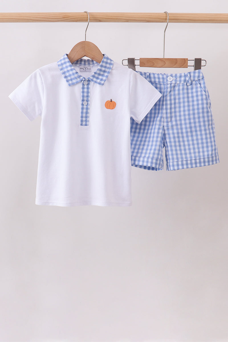 Blue Gingham Embroidery Boy Shorts Set Honeydew