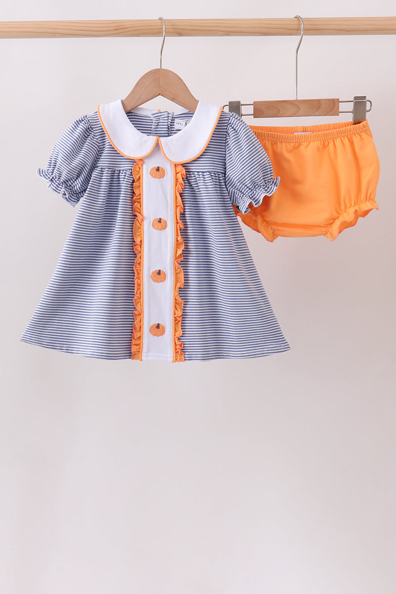 Blue Stripe Pumpkin Embroidery Girl Bloomer Set Honeydew