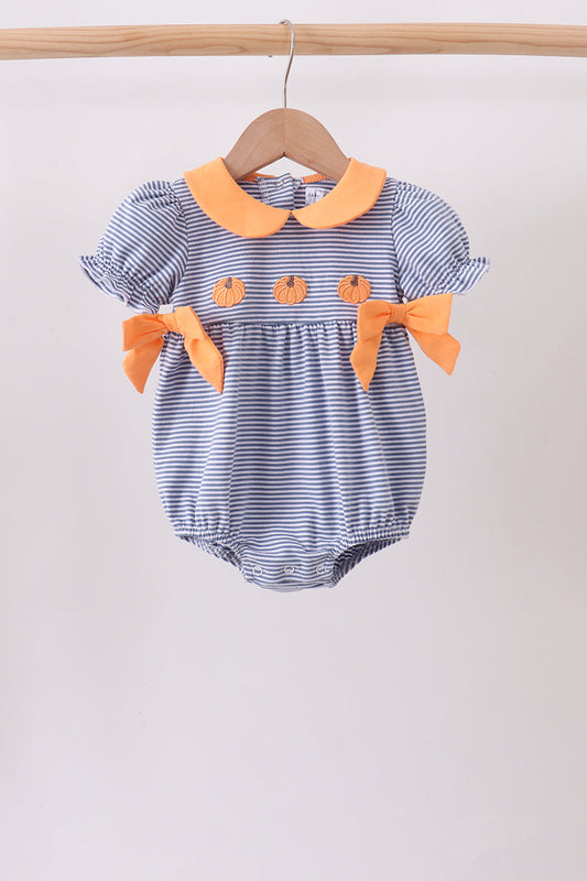 Blue Stripe Pumpkin Embroidery Girl Bow Bubble Honeydew