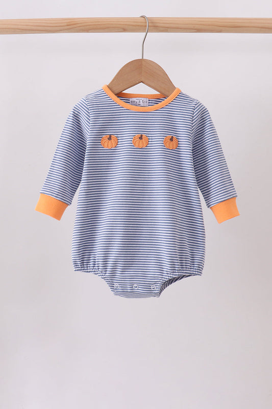 Blue Stripe Pumpkin Embroidery Boy Bubble Honeydew