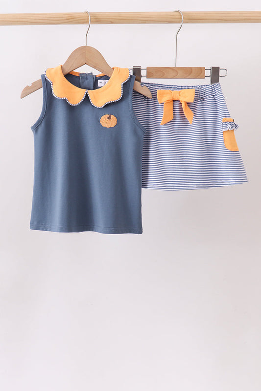 Blue Stripe Pumpkin Embroidery Skort Set Honeydew
