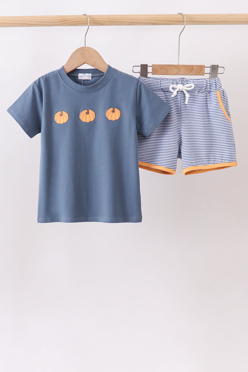 Blue Stripe Pumpkin Embroidery Boy Shorts Set Honeydew