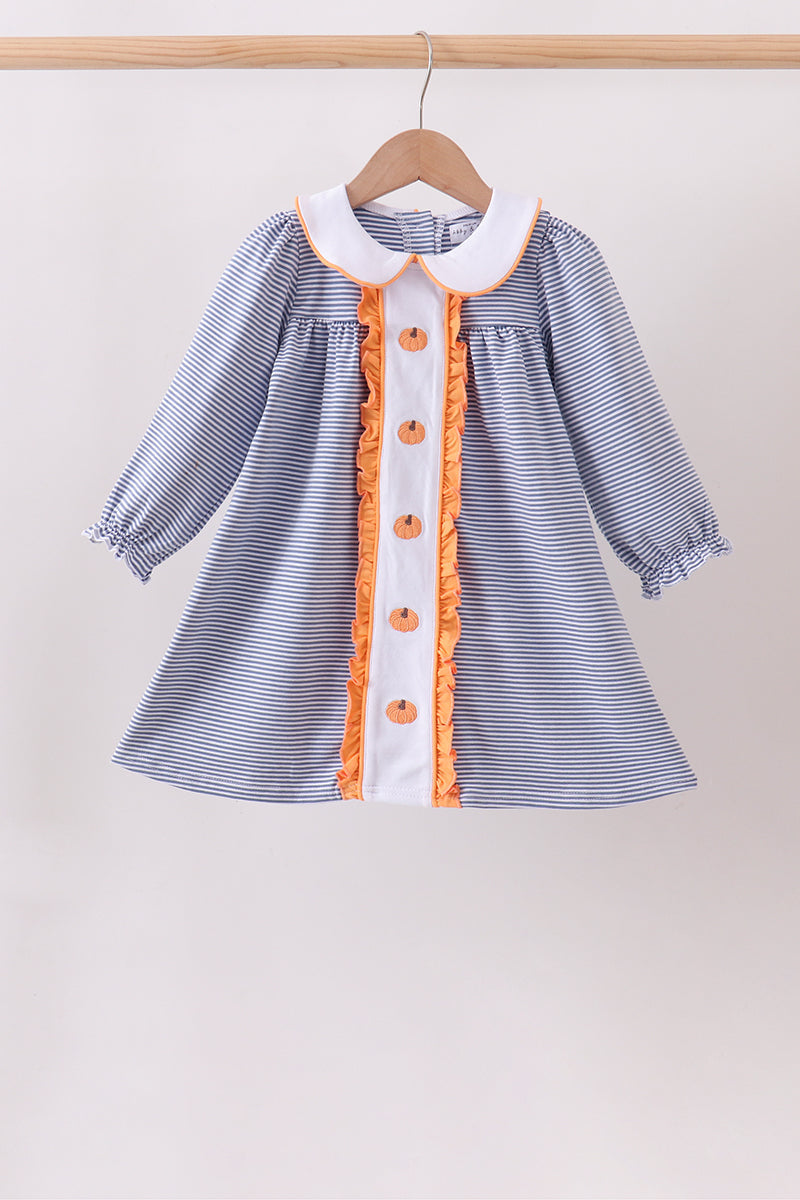 Blue Stripe Pumpkin Embroidery Ruffle Dress Honeydew