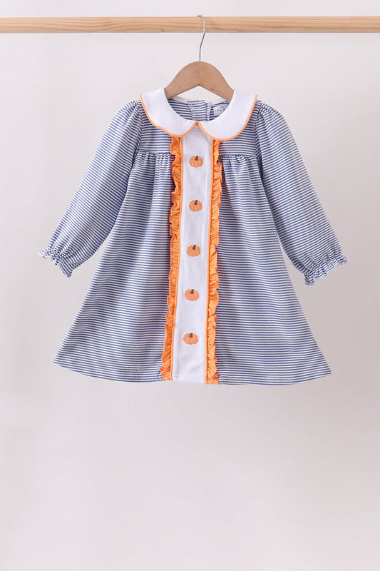 Blue Stripe Pumpkin Embroidery Ruffle Dress Honeydew