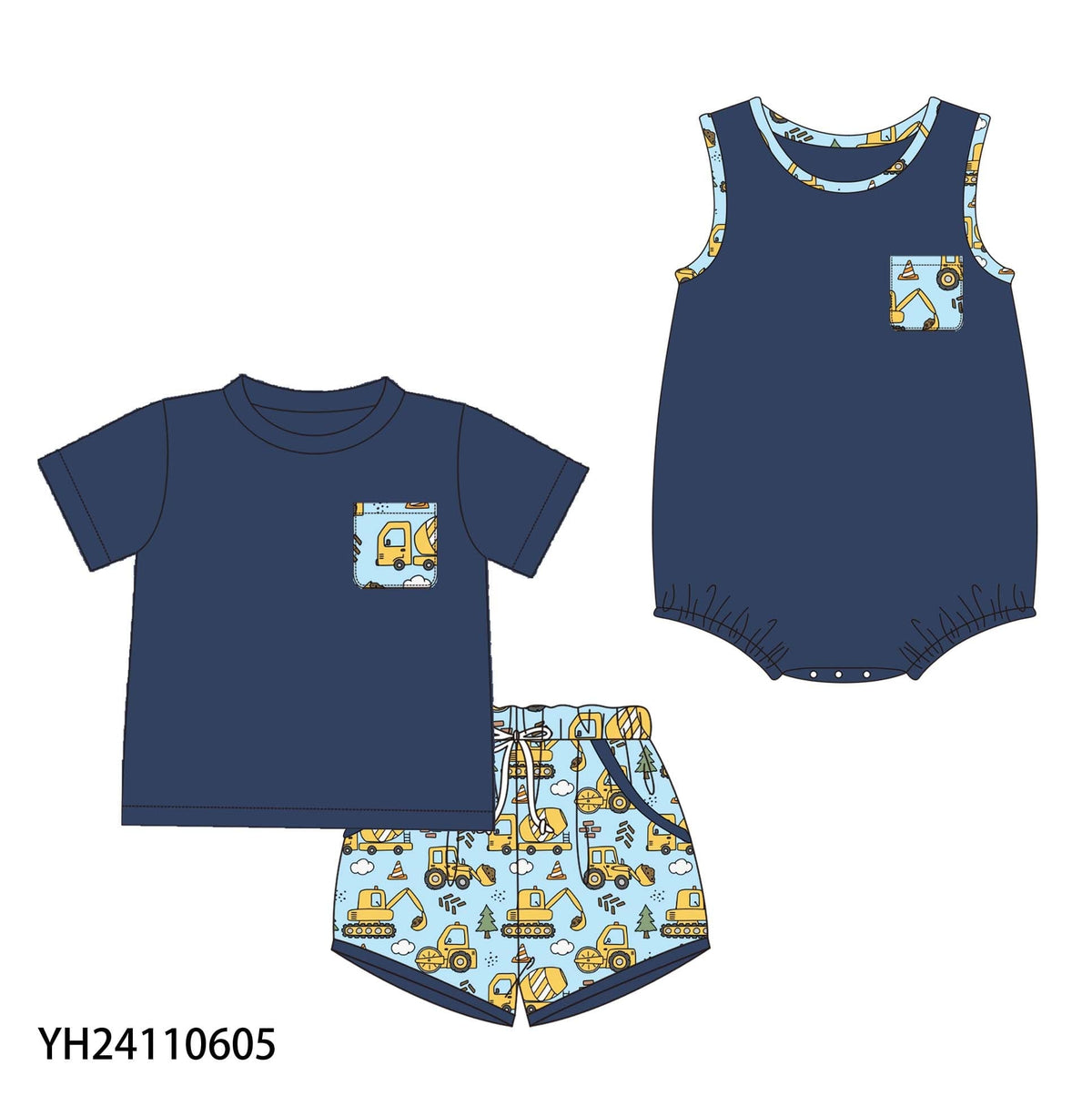 Navy Construction Vehicles Print Sibling Collection - Eta February Boyis