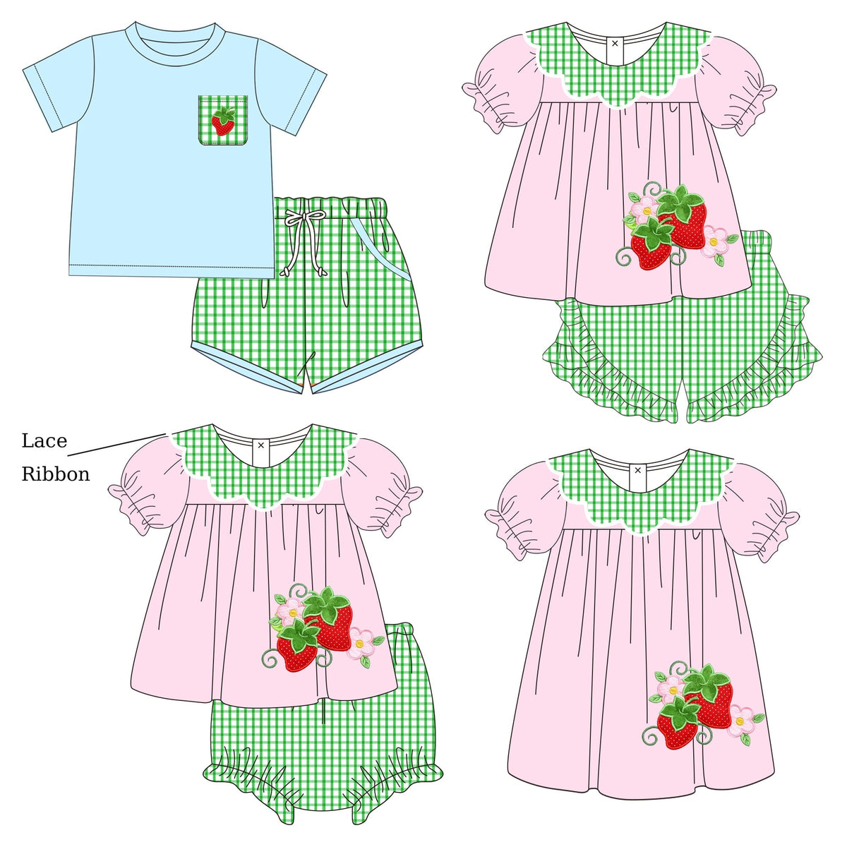 Green Gingham Strawberry Sibling Collection - ETA February Boyis