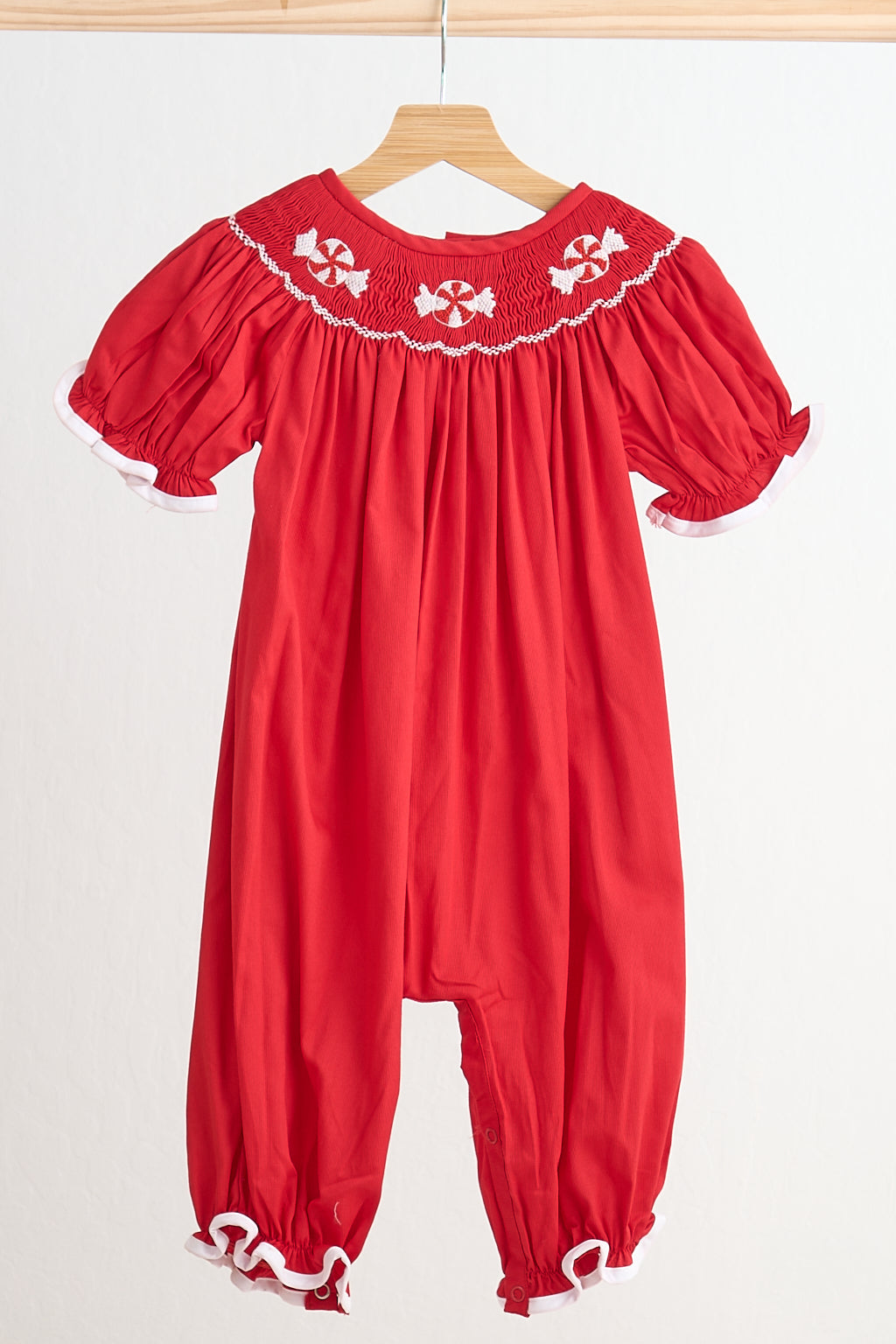 Red Candy Handsmocked Girl Romper Honeydew