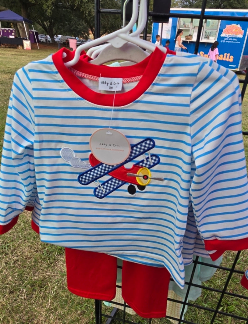 Blue Stripe Airplane Applique Boy Set Honeydew