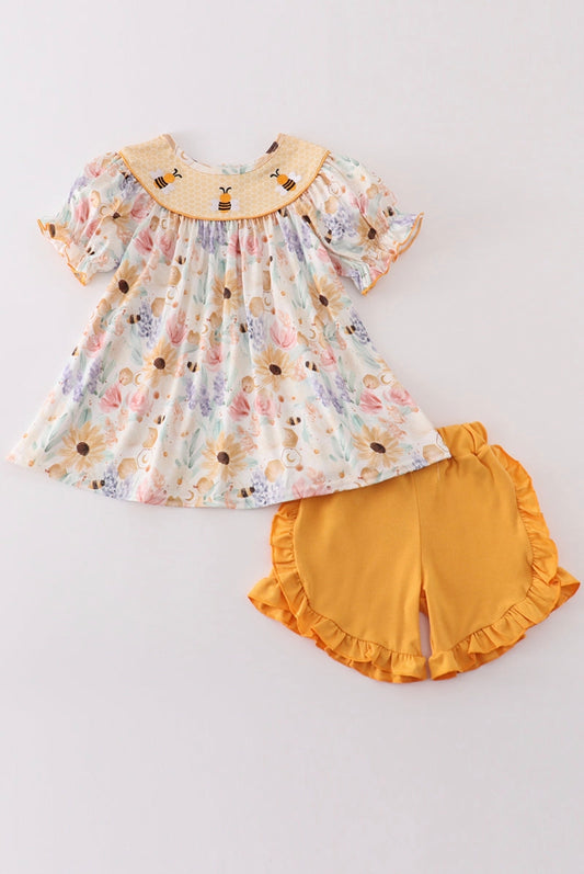 Yellow Bee Embroidery Girl Set