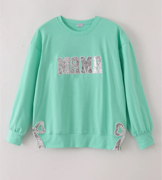 Mama Green Mint Glitter Long Sleeve Shirt Honeydew