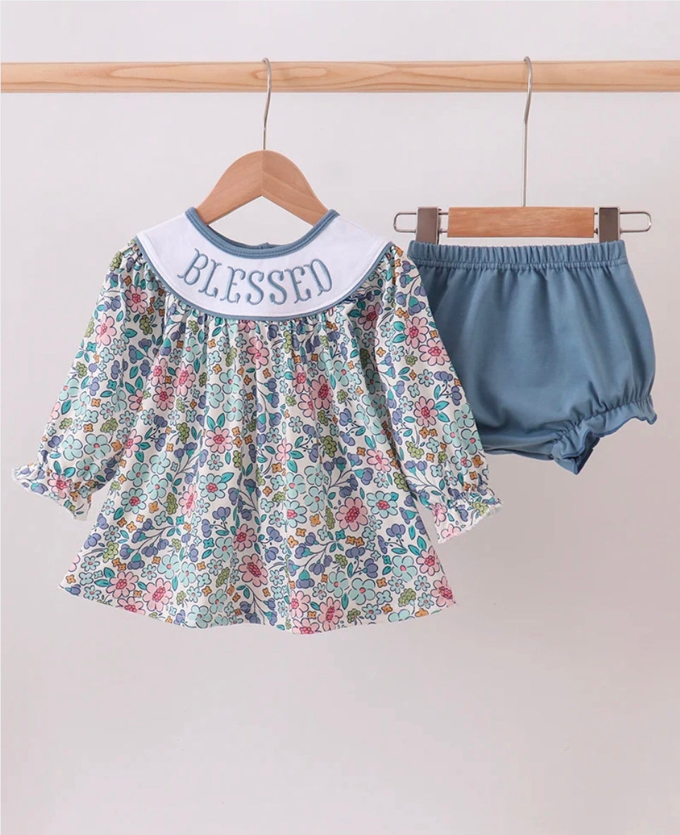 Blue Floral Blessed Embroidery Bloomer Set Honeydew