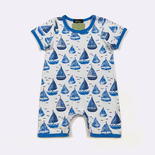 Sailboat Boy Print Romper Clover Cottage