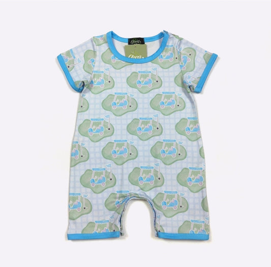 Golf Cart Boy Print Romper Clover Cottage