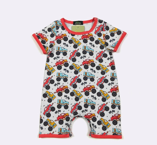 Monster Truck Mayhem Boy Print Romper Clover Cottage