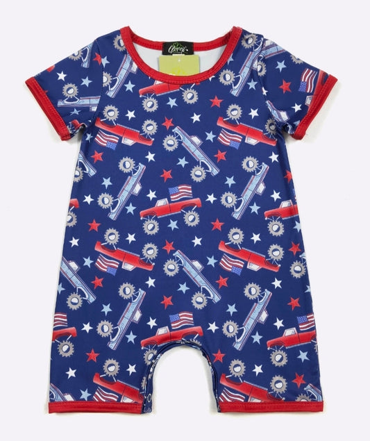 Merica Truck Boy Print Romper Clover Cottage