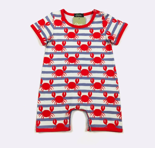 Blue Stripe Crab Boy Print Romper Clover Cottage
