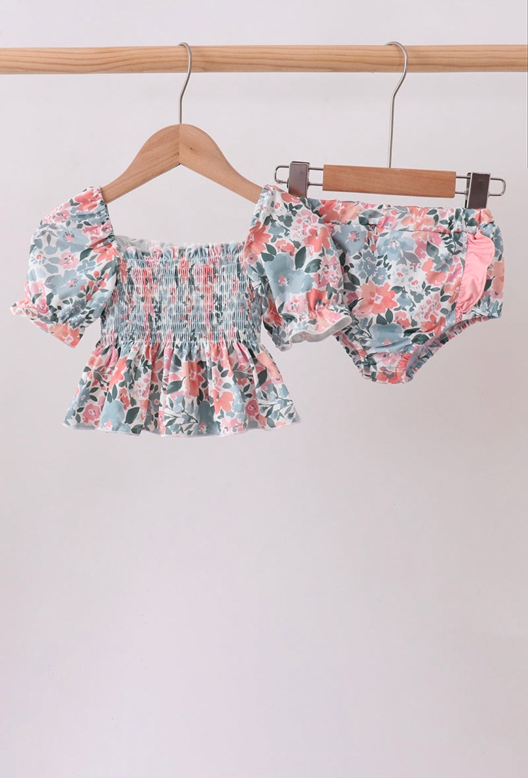 Pink Floral Smocked UPF Swim Set Honeydew
