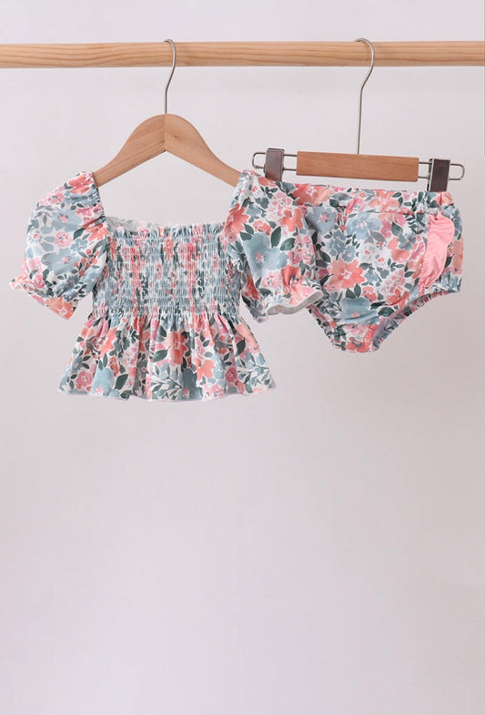 Pink Floral Smocked UPF Swim Set Honeydew
