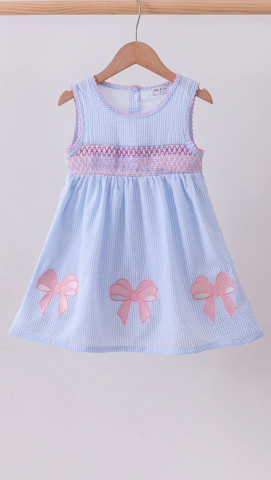 Blue Seersucker Bow Smocked Dress Honeydew
