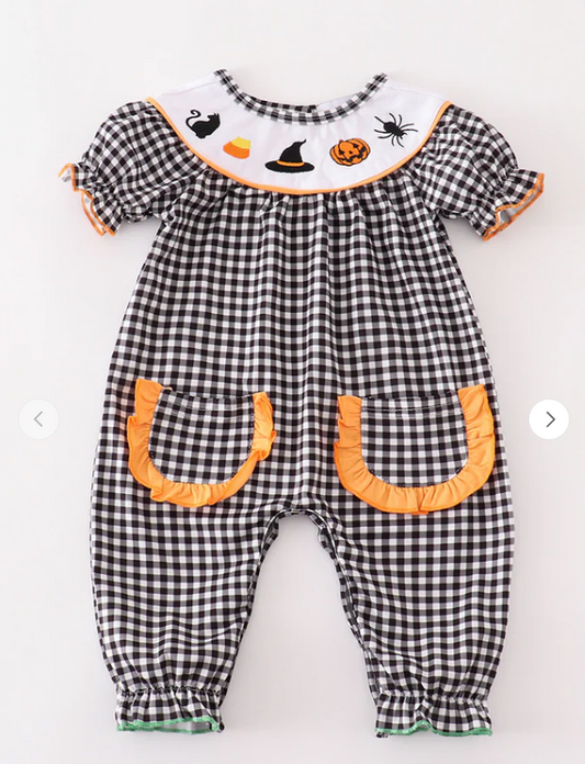 Halloween Embroidery Girl Romper Honeydew