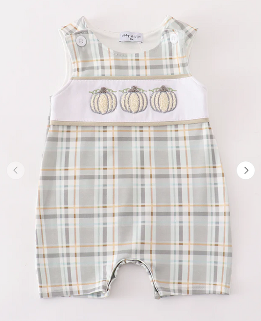 Pumpkin French Knot Plaid Boys JonJon Overall Honeydew