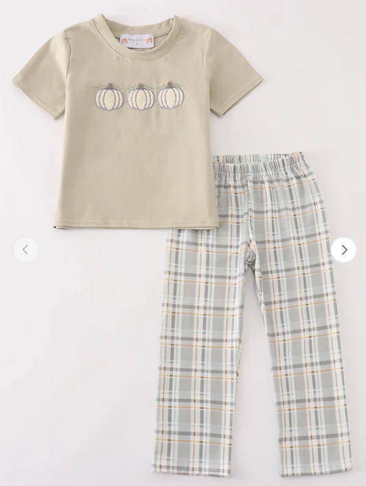 Pumpkin French Knot Plaid Boy 2 Piece Set Honeydew