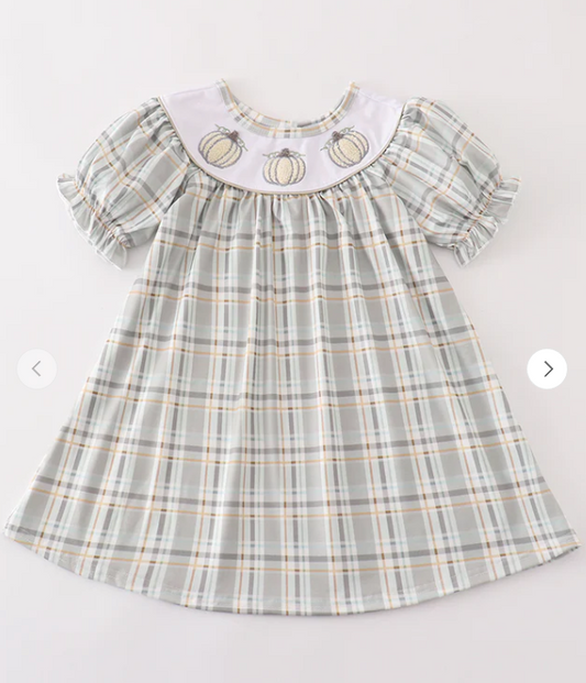 Pumpkin French Knot Plaid Girls Dress Honeydew