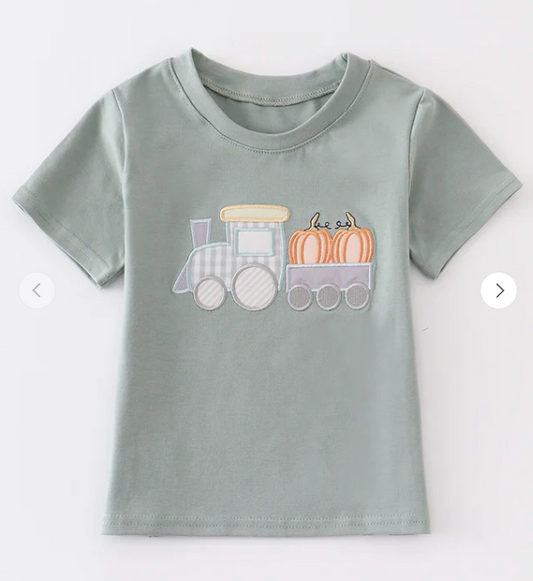 Green Train Pumpkin Applique Boy Top Honeydew