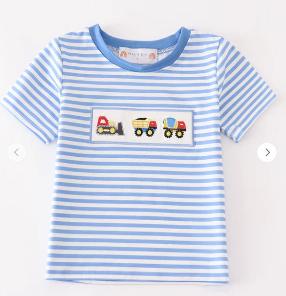 Blue construction trucks embroidery stripe boy top Honeydew