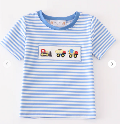 Blue construction trucks embroidery stripe boy top Honeydew