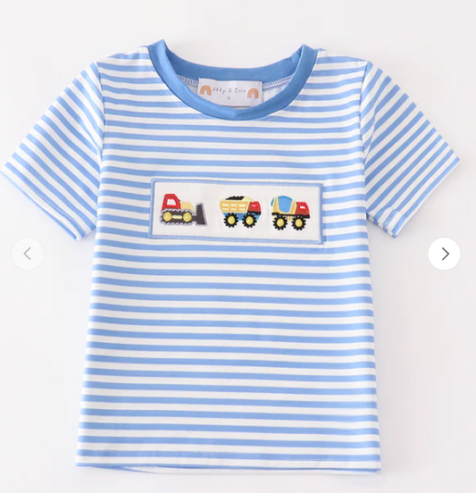 Blue construction trucks embroidery stripe boy top Honeydew