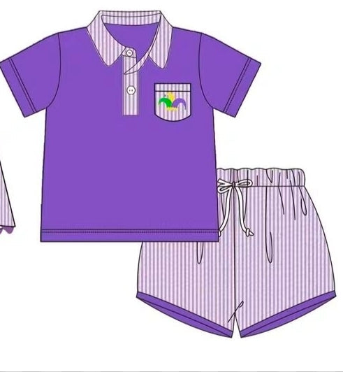 Purple Mardi Gras Seersucker Bow Back Embroidery Collection - ETA January Boyis