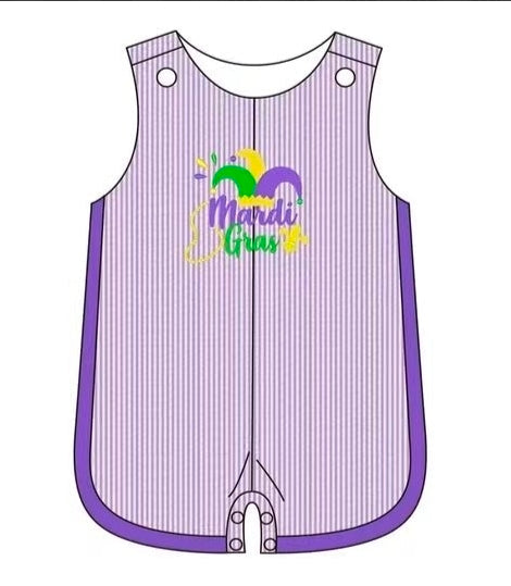 Purple Mardi Gras Seersucker Bow Back Embroidery Collection - ETA January Boyis
