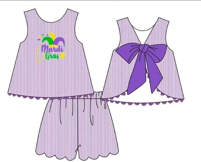 Purple Mardi Gras Seersucker Bow Back Embroidery Collection - ETA January Boyis