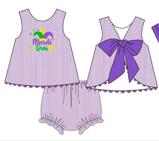 Purple Mardi Gras Seersucker Bow Back Embroidery Collection - ETA January Boyis