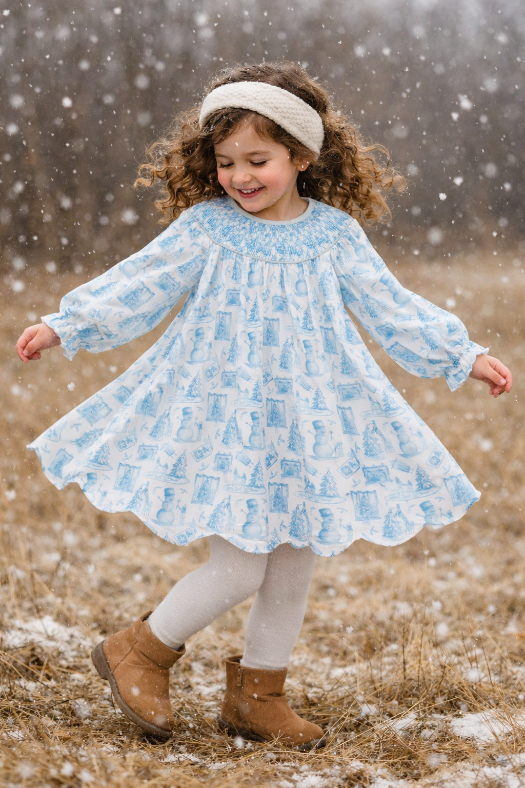 Blue Snowman Christmas Tree Smocked Dress Honeydew