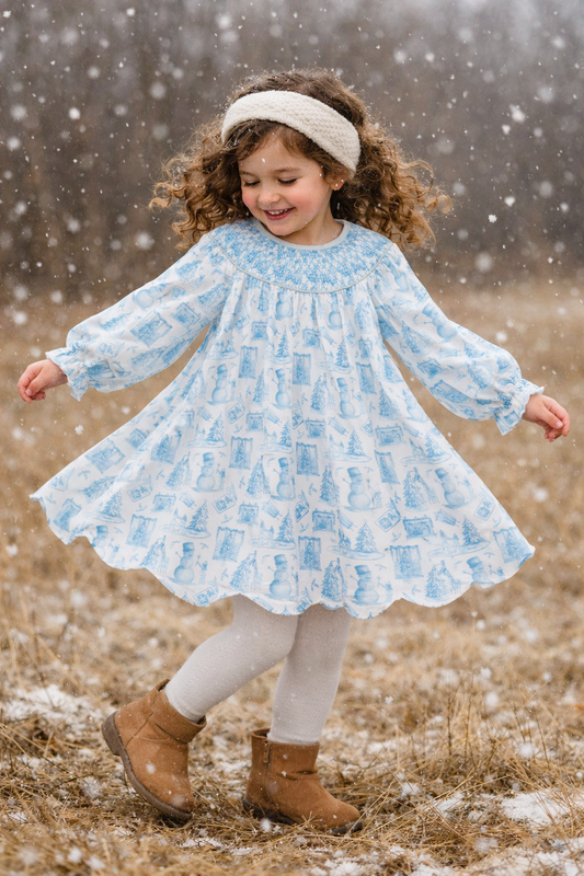 Blue Snowman Christmas Tree Smocked Dress Honeydew