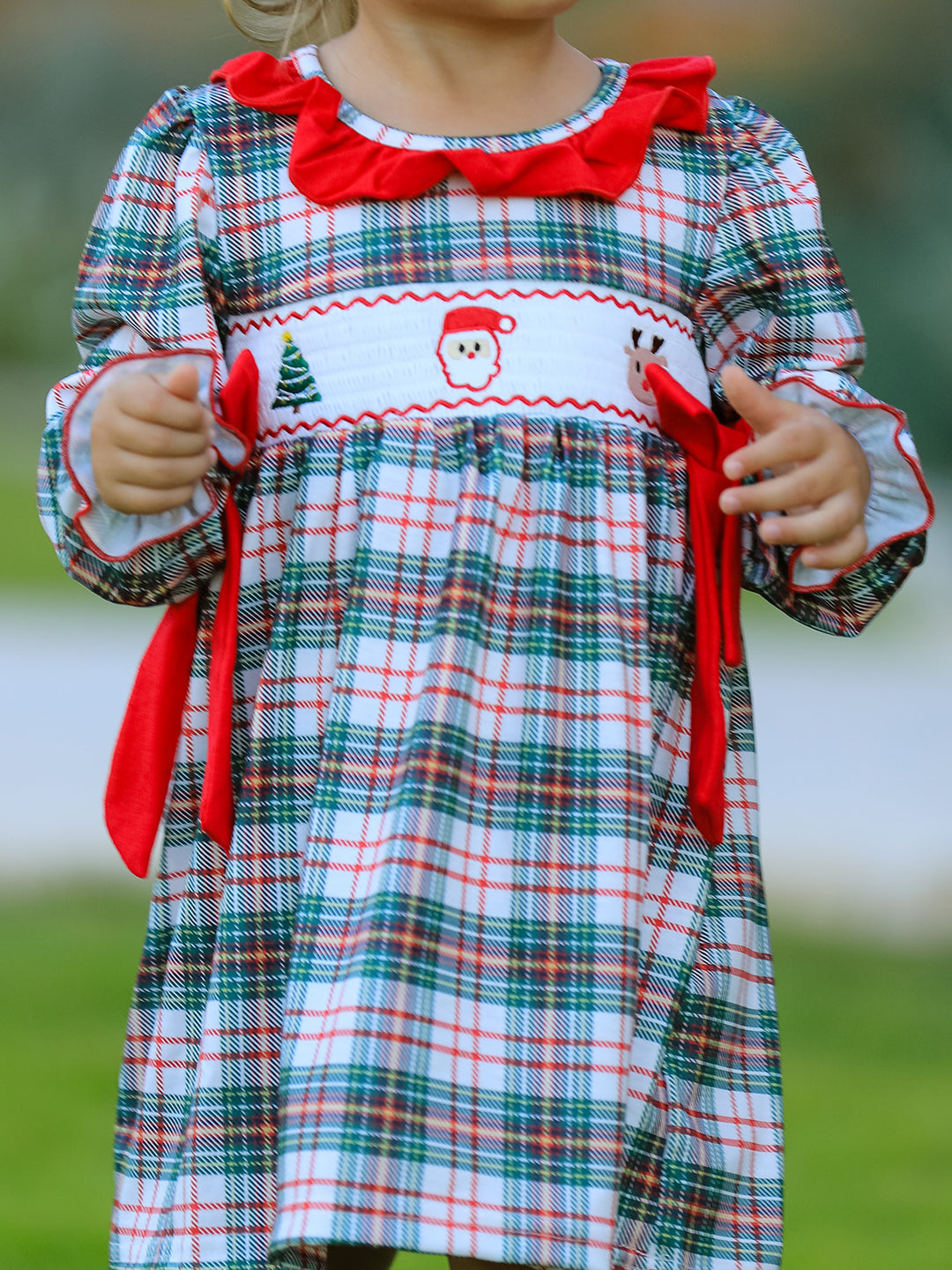 Christmas Plaid Santa Embroidered Machine Smocked Bow Plaid Girls Dress Rylee Faith
